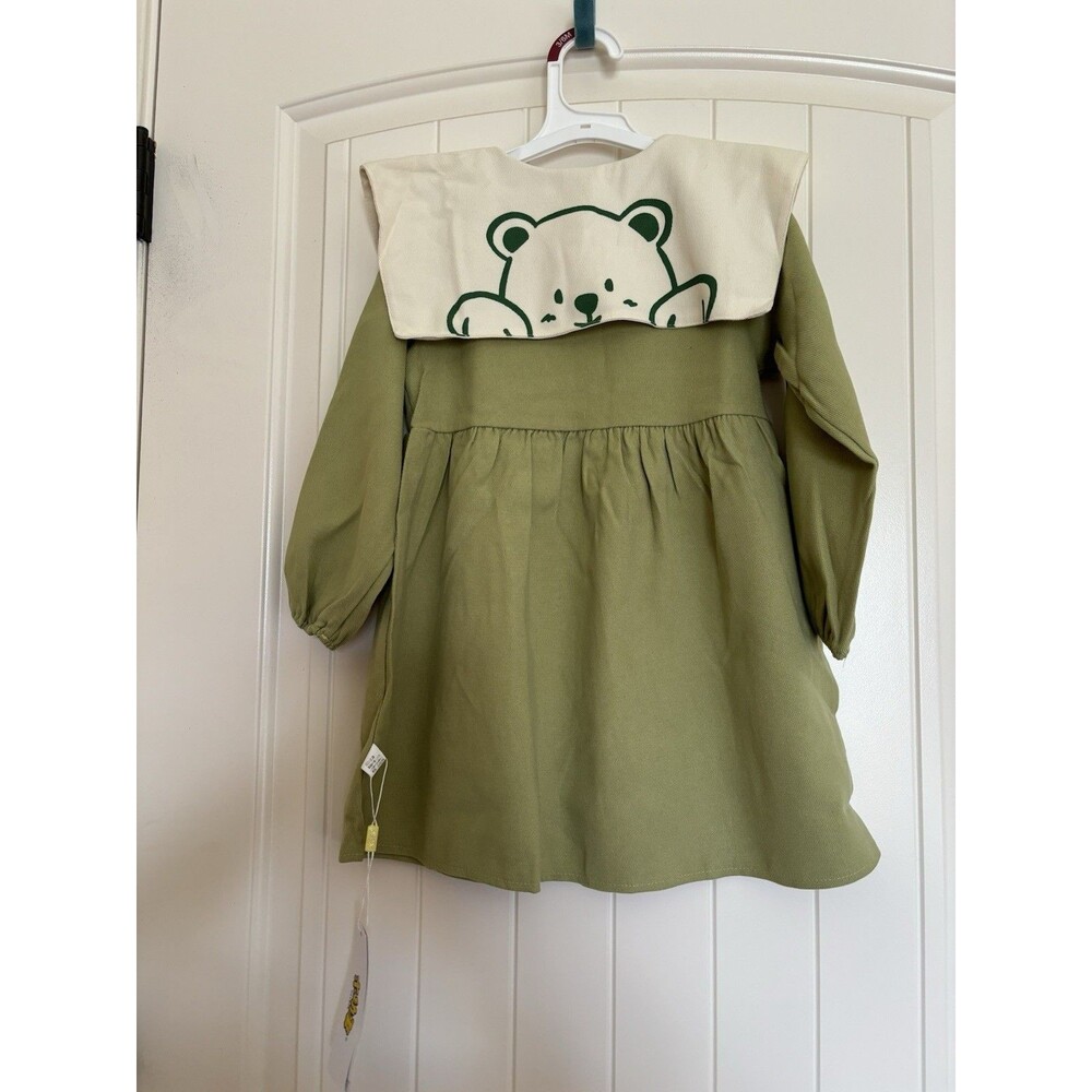 NWT Size 4T Toddler Girls Sailor Collar Dress Sage Green Bear Long Sleeve
